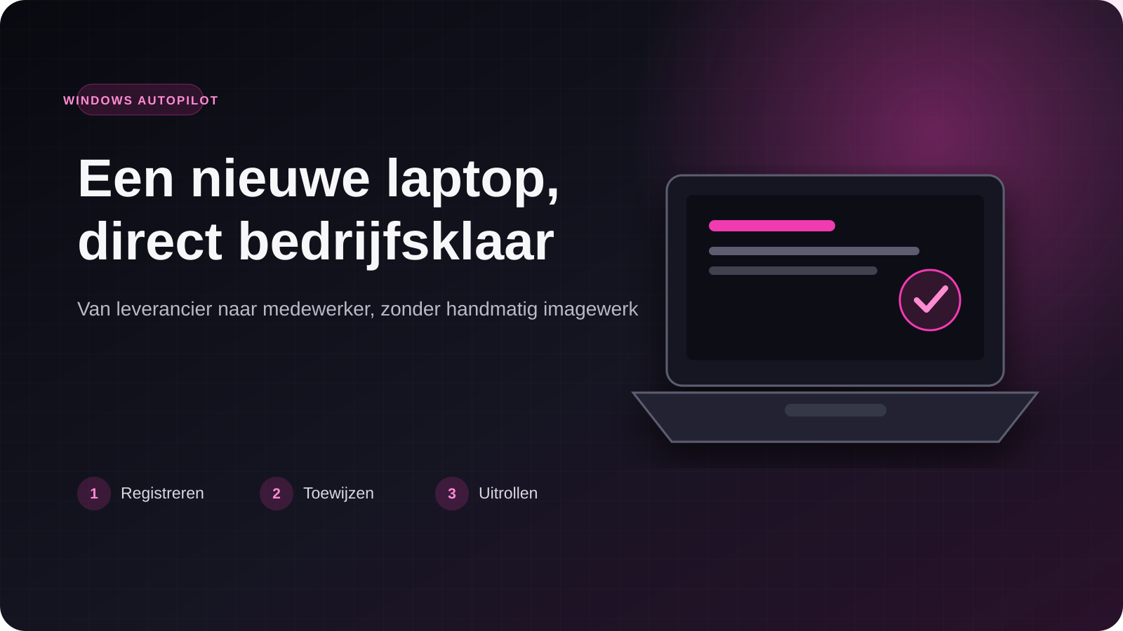 Illustratie van een nieuwe Windows-laptop die via Windows Autopilot bedrijfsklaar wordt gemaakt