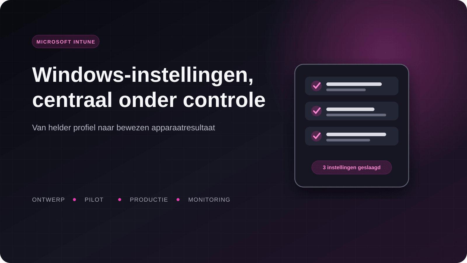 Illustratie van Windows-laptops die centraal een Microsoft Intune-configuratie ontvangen