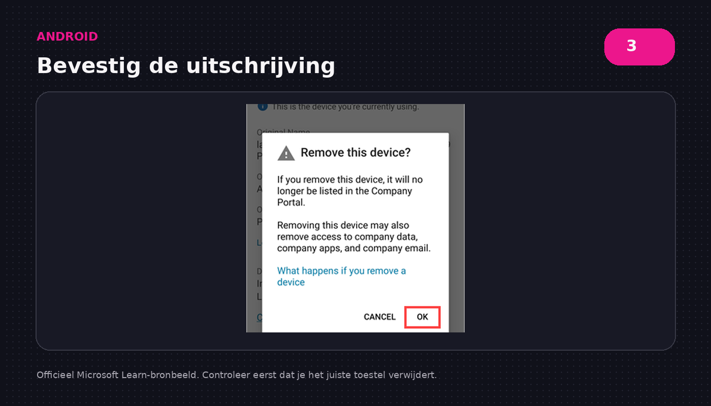 Android Company Portal met de bevestiging om het werktoestel uit te schrijven