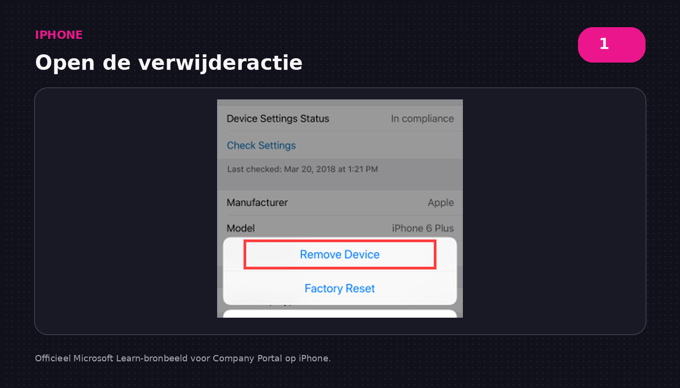 iPhone Company Portal met de officiële verwijderactie voor het ingeschreven toestel
