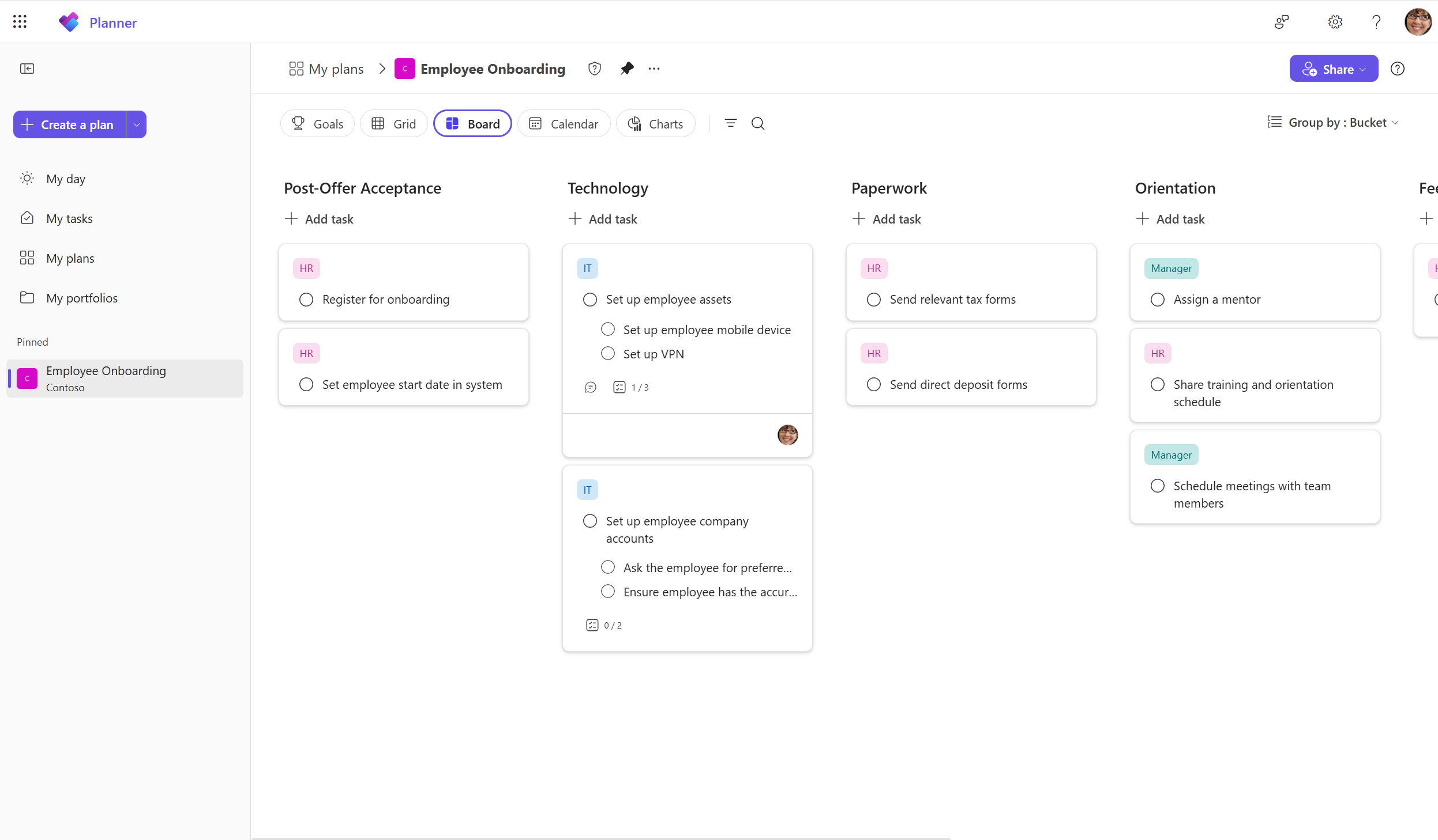 Microsoft Planner Board-weergave met taken verdeeld over meerdere buckets