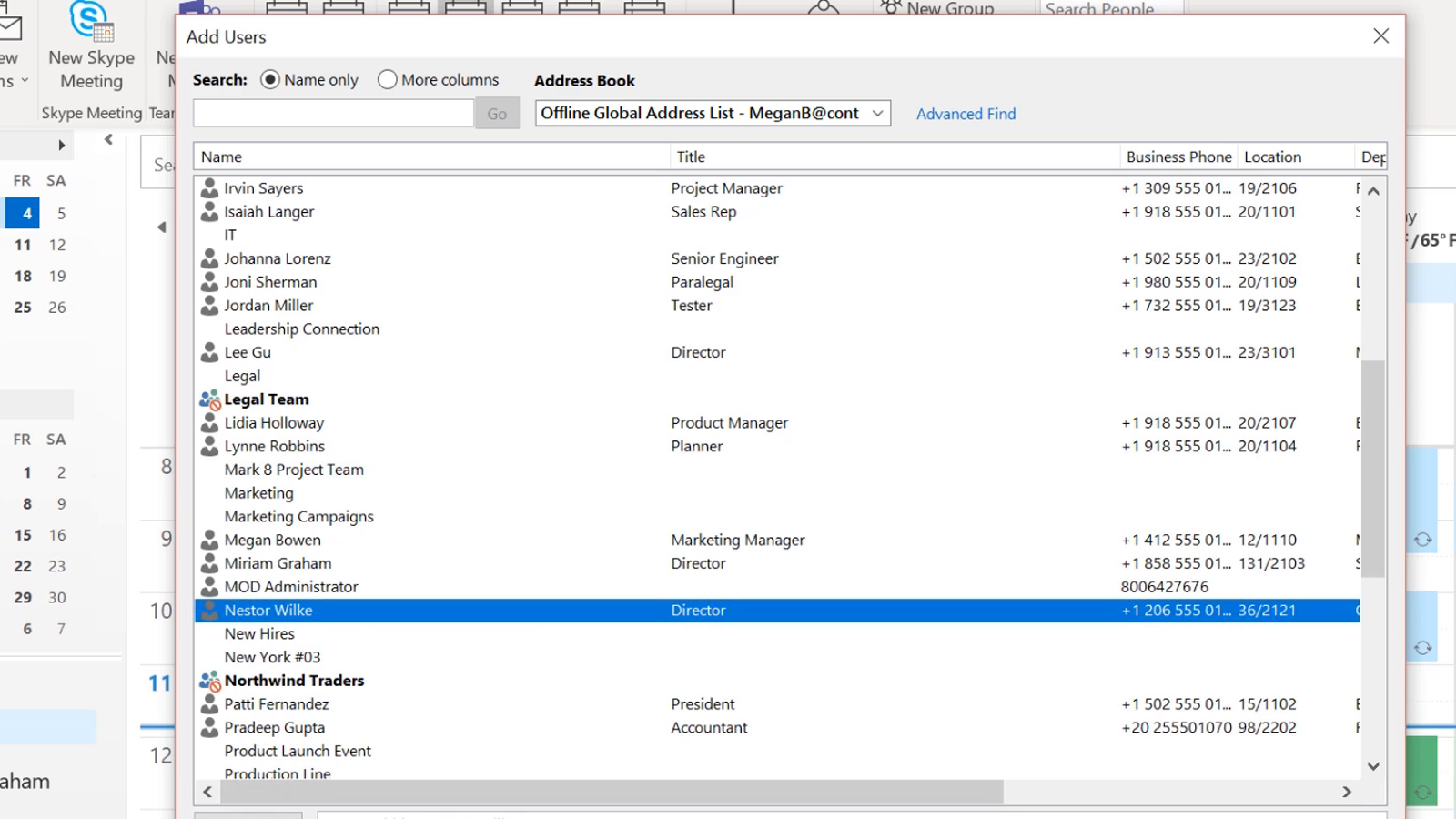 Klassieke Outlook met het adresboek waarin één ontvanger voor agenda delen wordt geselecteerd