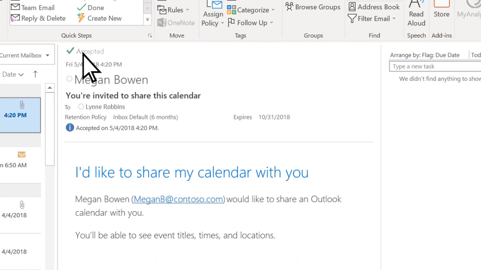 Outlook-e-mail met een uitnodiging om een gedeelde agenda te openen