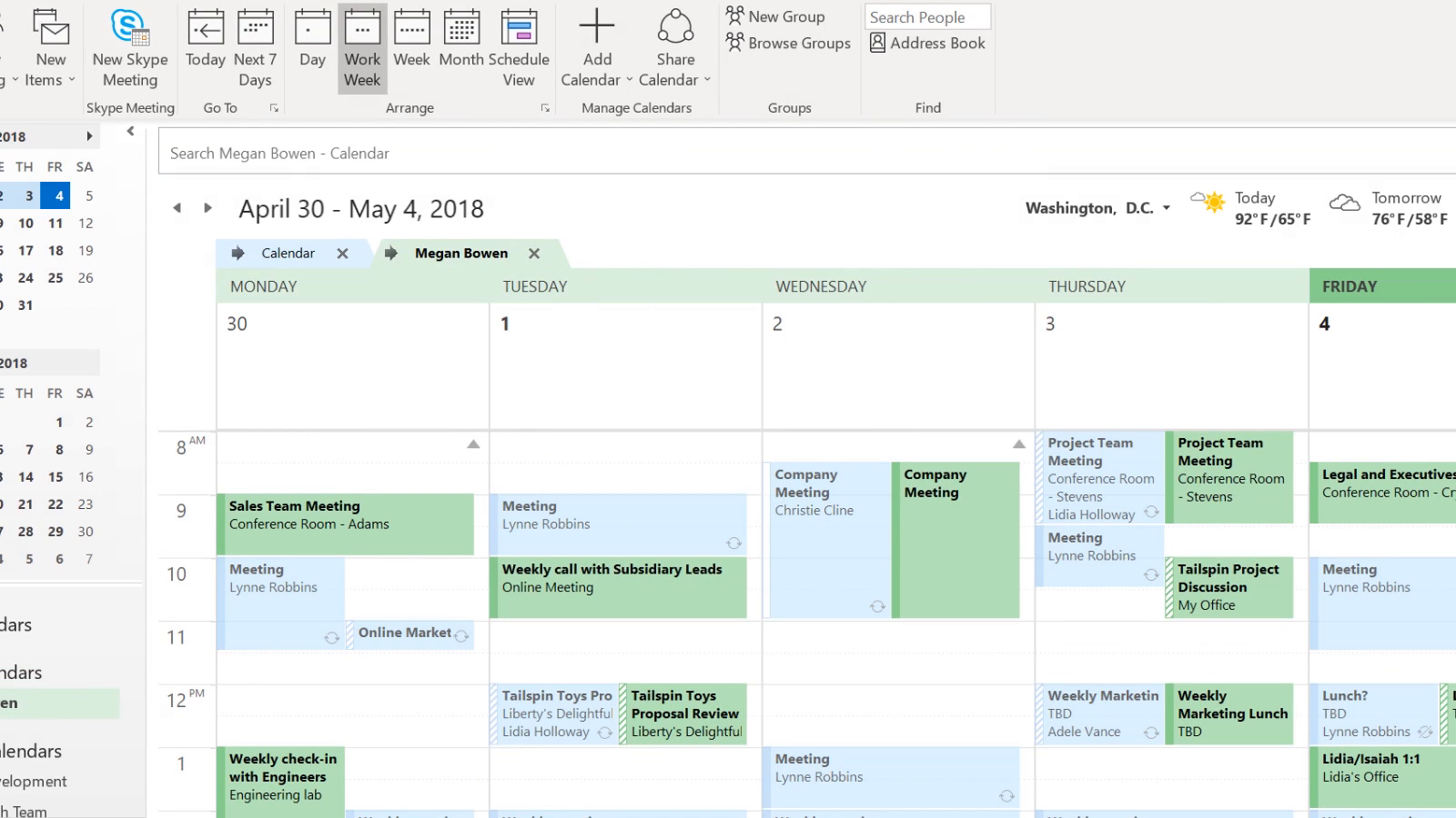 Klassieke Outlook met de eigen agenda en de gedeelde agenda naast elkaar in verschillende kleuren