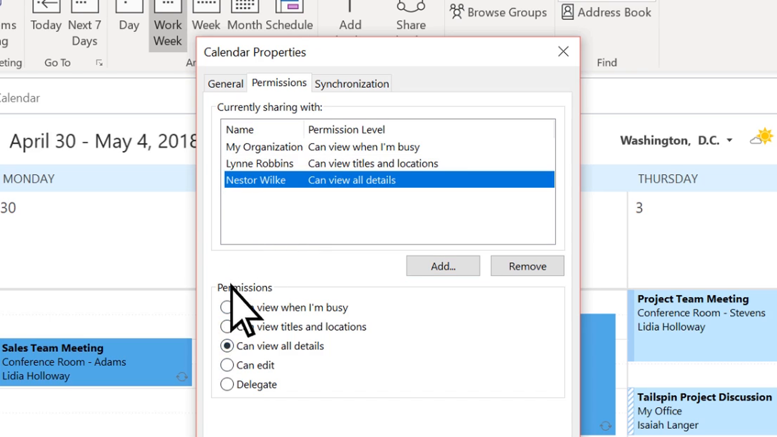 Klassieke Outlook met agenda-eigenschappen en de machtigingsniveaus vrij bezet details bewerken en gemachtigde
