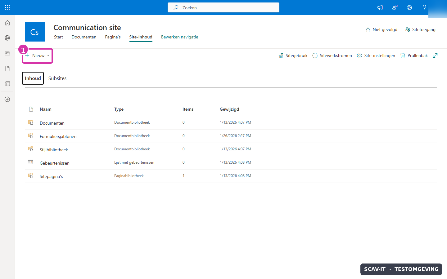 Open de site-inhoud van de gekozen SharePoint-site