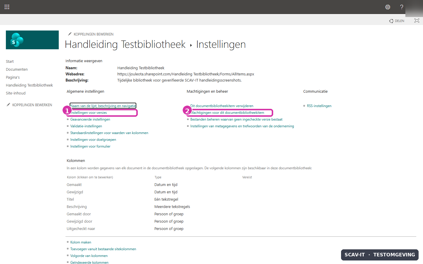 Open Instellingen voor versies of Machtigingen voor deze documentbibliotheek