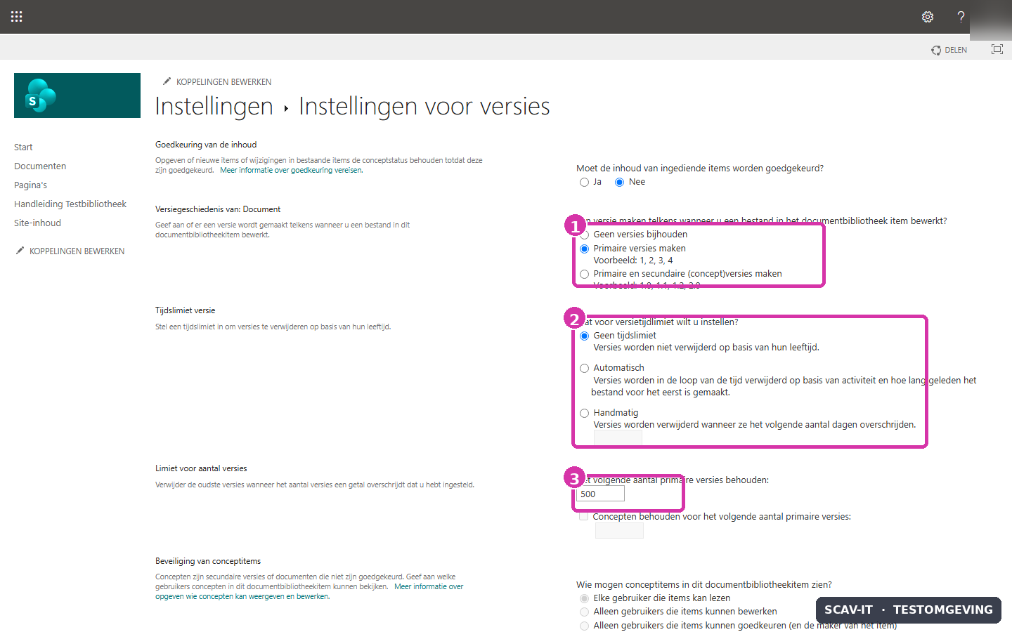 Stel versiegeschiedenis, bewaartermijn en het aantal primaire versies in