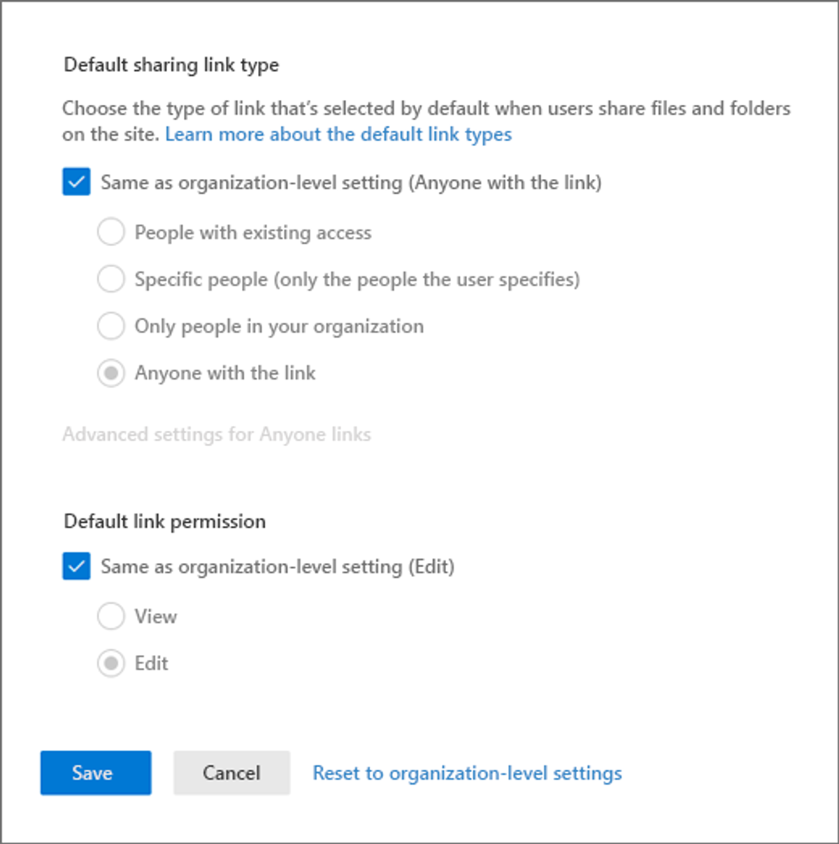 SharePoint-instellingen voor het standaard linktype en de standaardmachtiging van gedeelde links