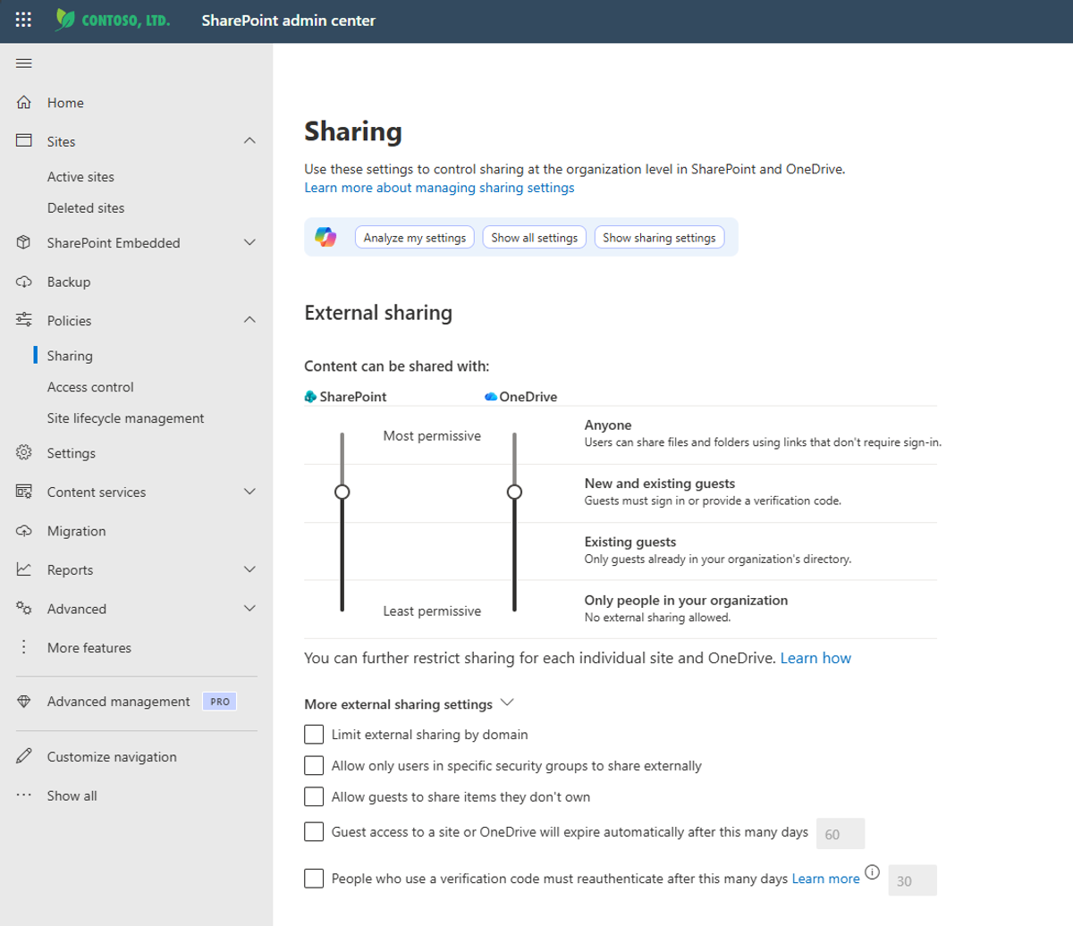 SharePoint-beheercentrum met de organisatieniveaus voor extern delen van SharePoint en OneDrive